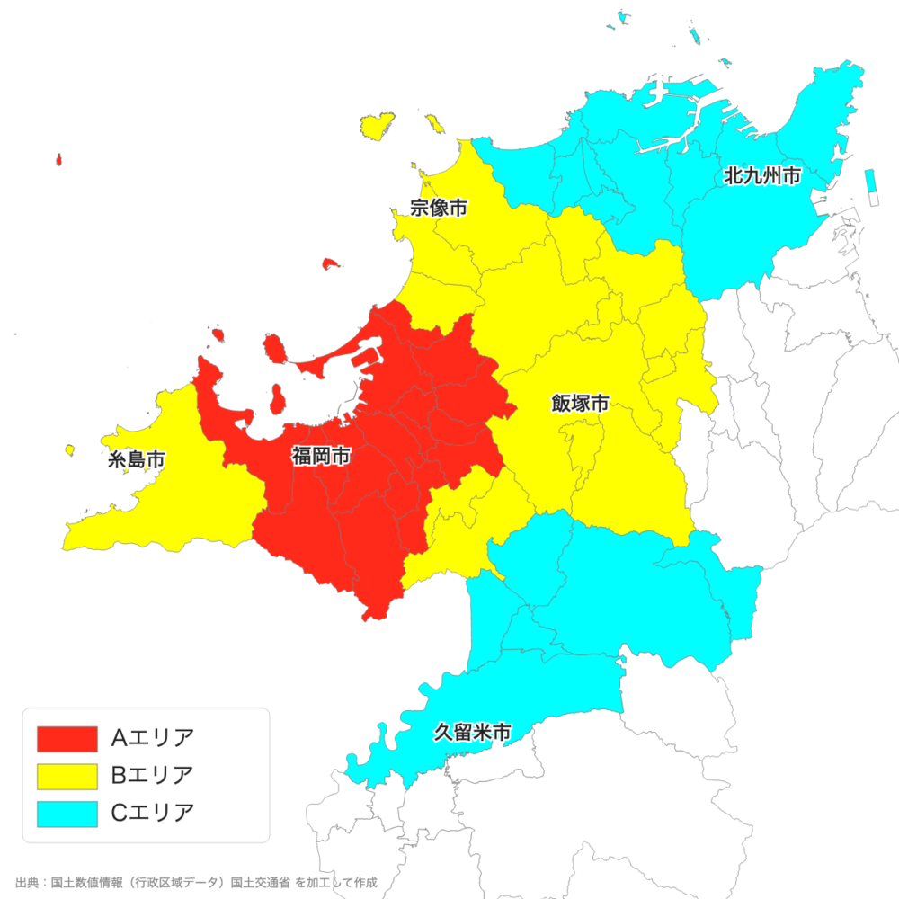 福岡の風俗営業許可の対応エリア地図(A・B・Cエリア)